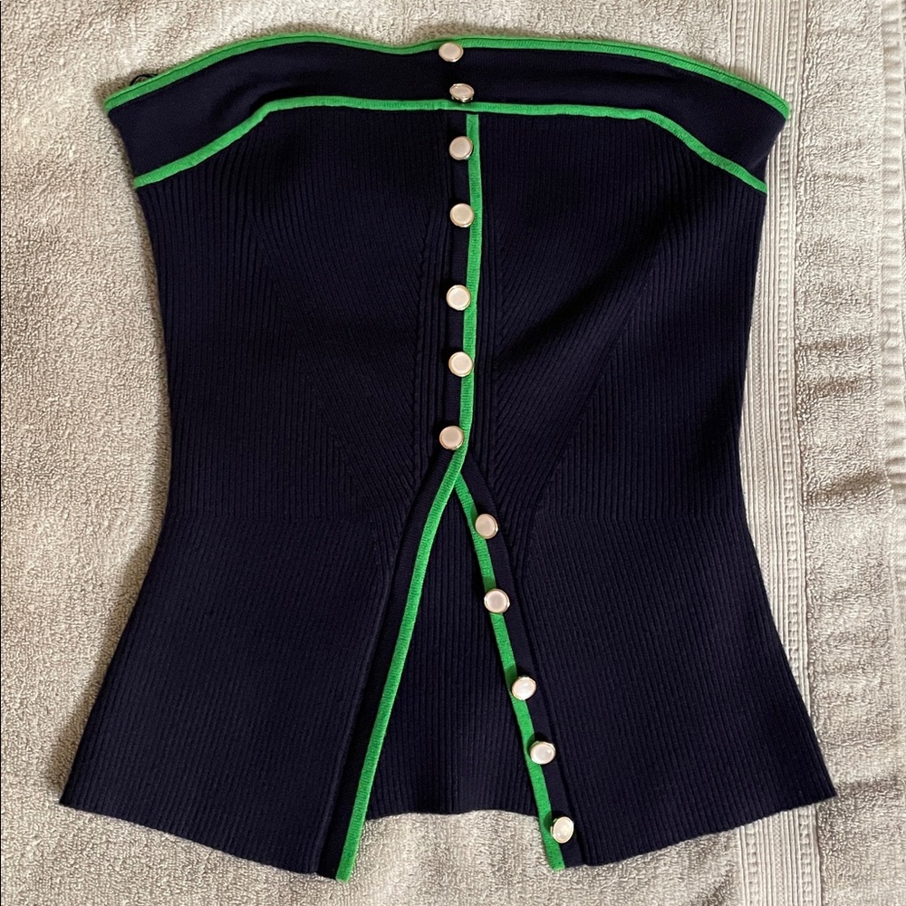 Blue Corset Top with Green Trim and Button Accents